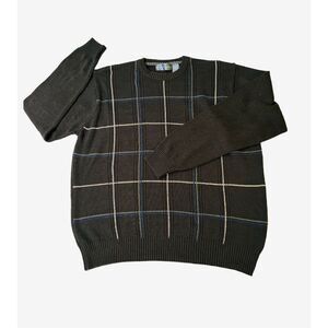 Vintage Oscar De La Renta Designer Sweater Brown Grid Line Striped Pullover Men’